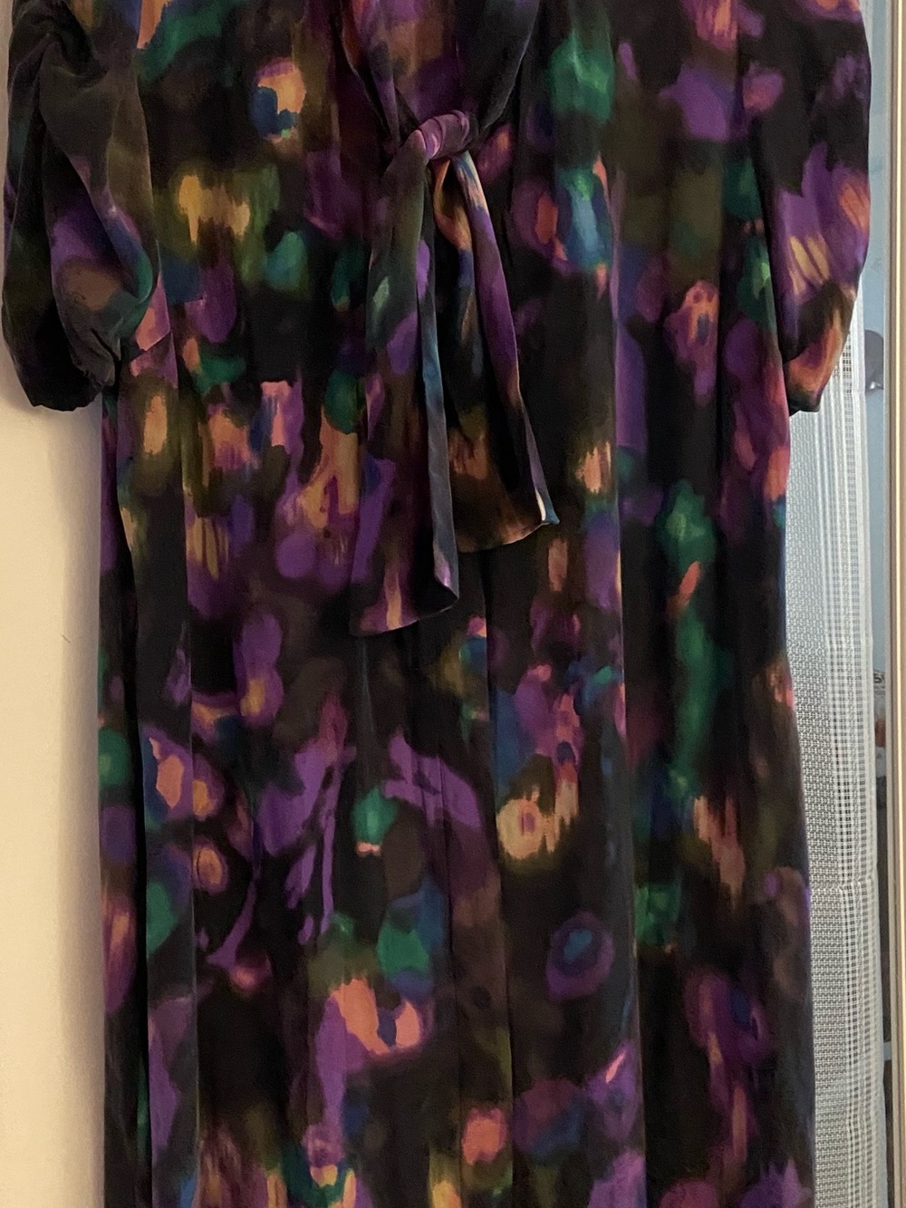 ECI New York 100% silk Abstract Print Tie-Front Midi Dress - Purple & Green